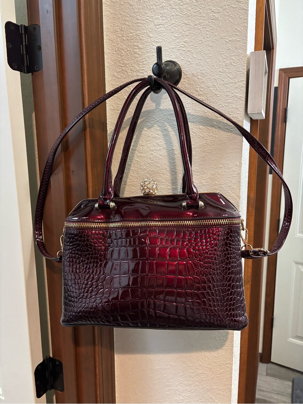 Patent Croc-Embossed Satchel in Deep Burgundy